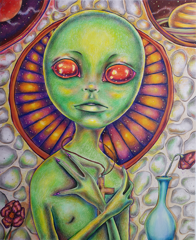 “Born Again” (2022), Alcohol Marker, Colored Pencil and Pen on Paper, 14” x 17” 