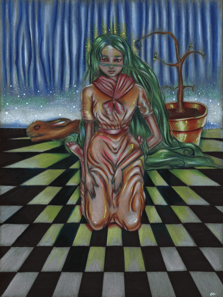  “It’s Okay to Fall into the Abyss”(2021), Alcohol Marker, Colored Pencil, Gouache, and Pen on Paper, 11” x 17”